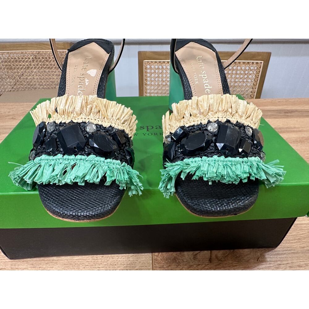Kate Spade Bora Bora Heel Black Natural Mint Crochet Raffia Size 5 NIB Vacation - Picture 7 of 16